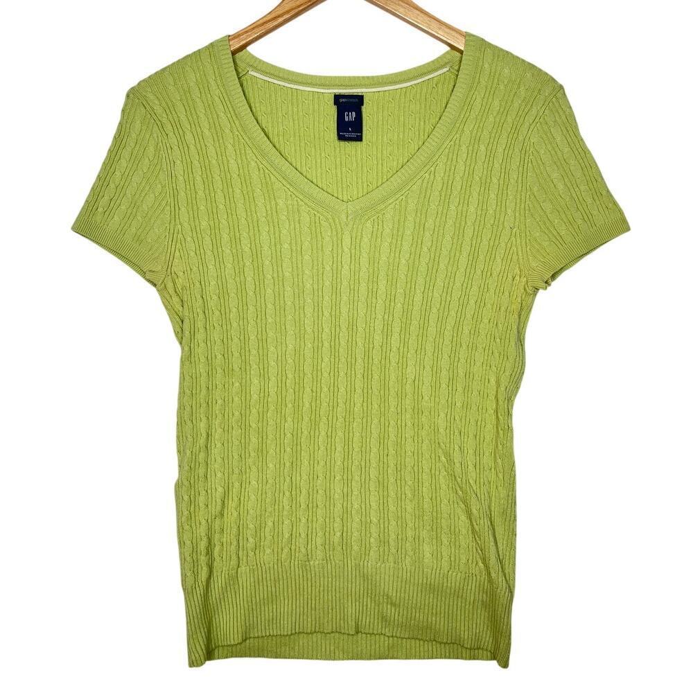 VTG Gap Y2k Pistachio Green Cable Knit Short Sleeve Sweater Preppy Gilmore sz L